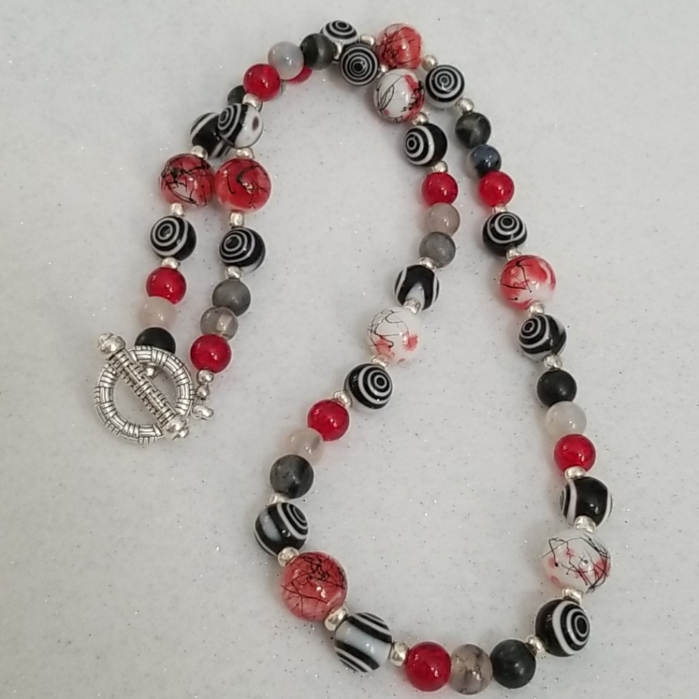 Red, black and white glass beaded necklace